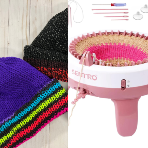 Two bright colored reversible beanies and a Sentro circular knitting machine