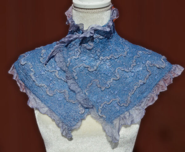 nuno felted neck warmer with ruffles in blue and gray