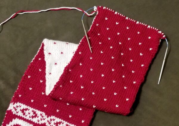 Red and white double knitted scarf